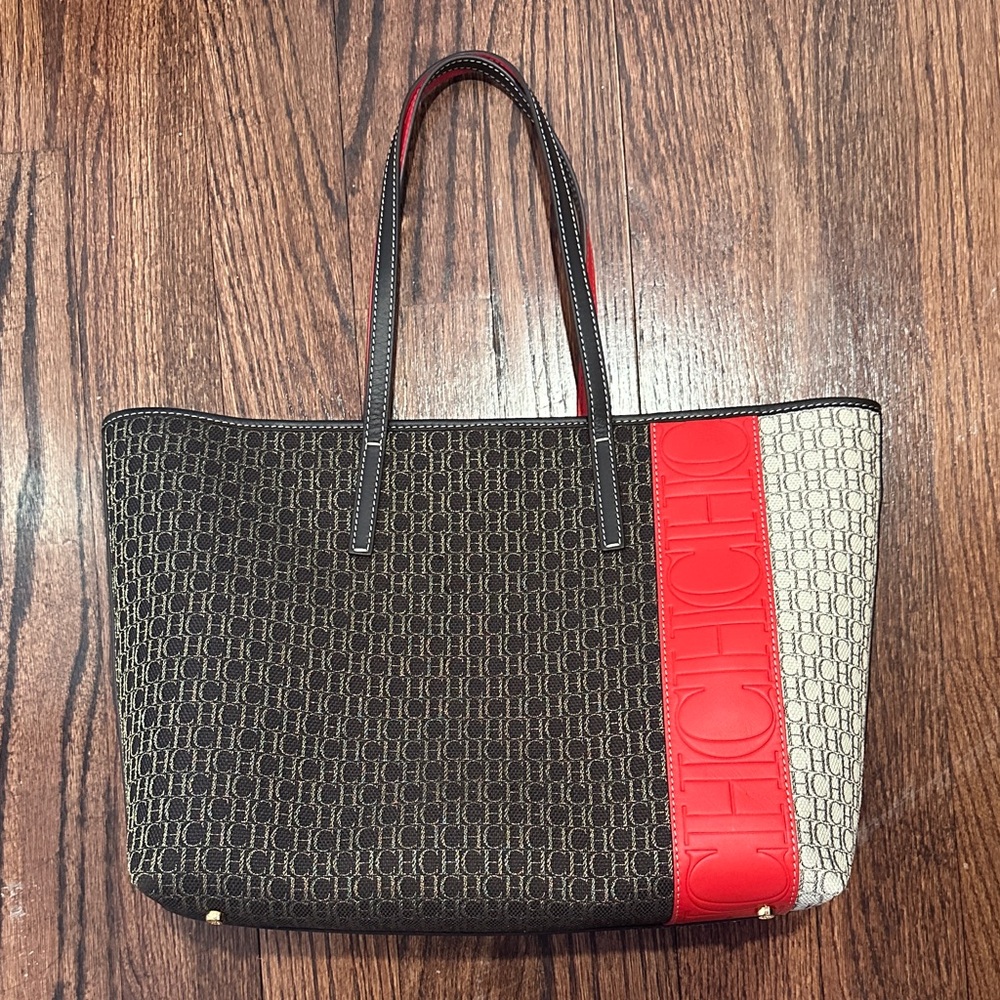 Carolina Herrera Brown & Red Logo Tote Bag